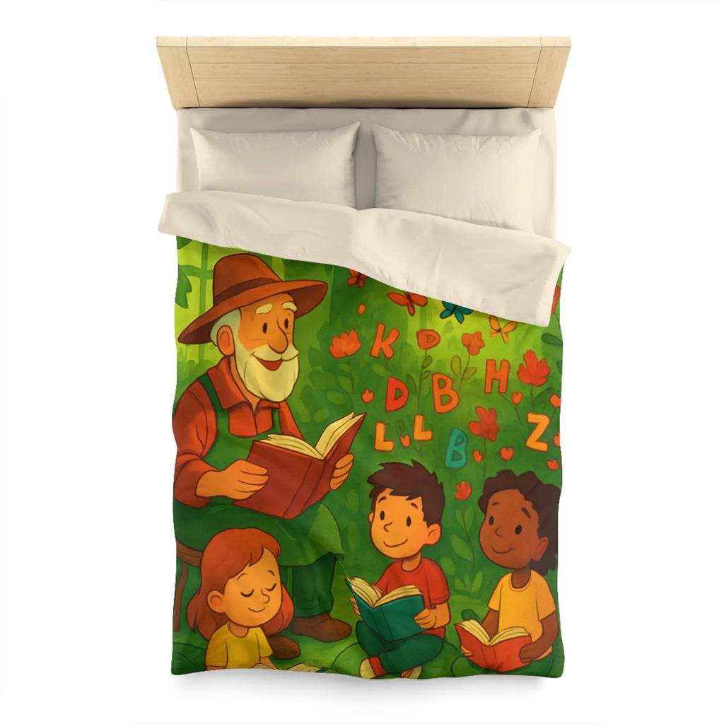 Housse de couette éducative avec scène de lecture, papillons et nature verdoyante