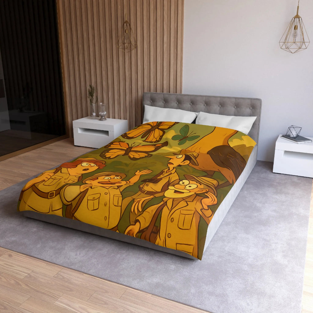 Housse de couette avec scène aventure jungle, explorateurs et faune tropicale colorée