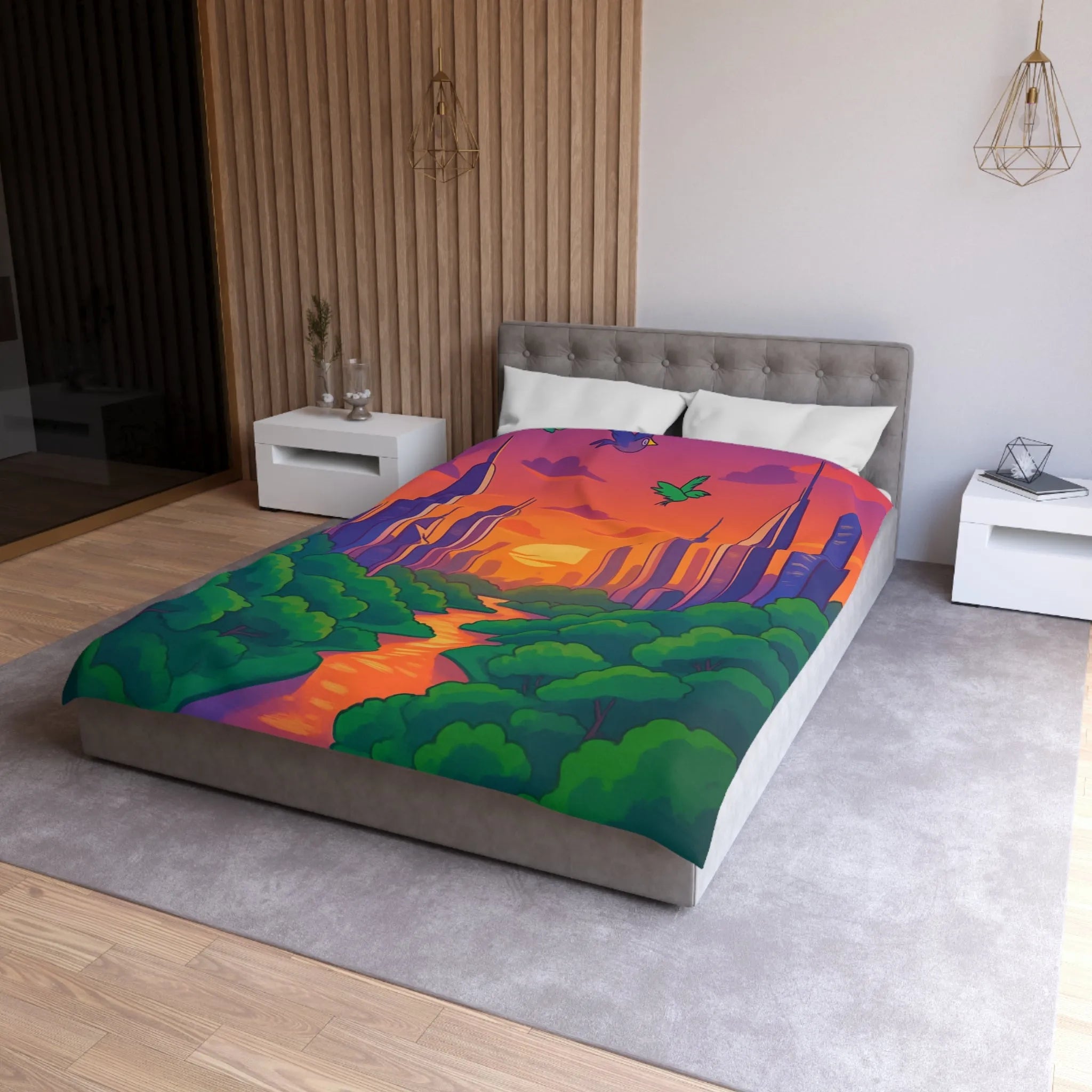 Housse de couette avec illustration urbaine et naturelle au coucher du soleil envoûtant