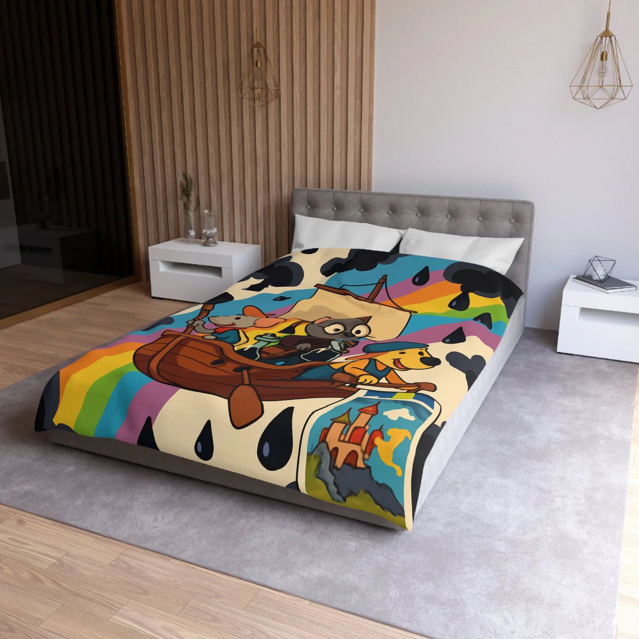 Housse de couette enfant avec animaux navigateurs sur arc-en-ciel et bateau enchanteur