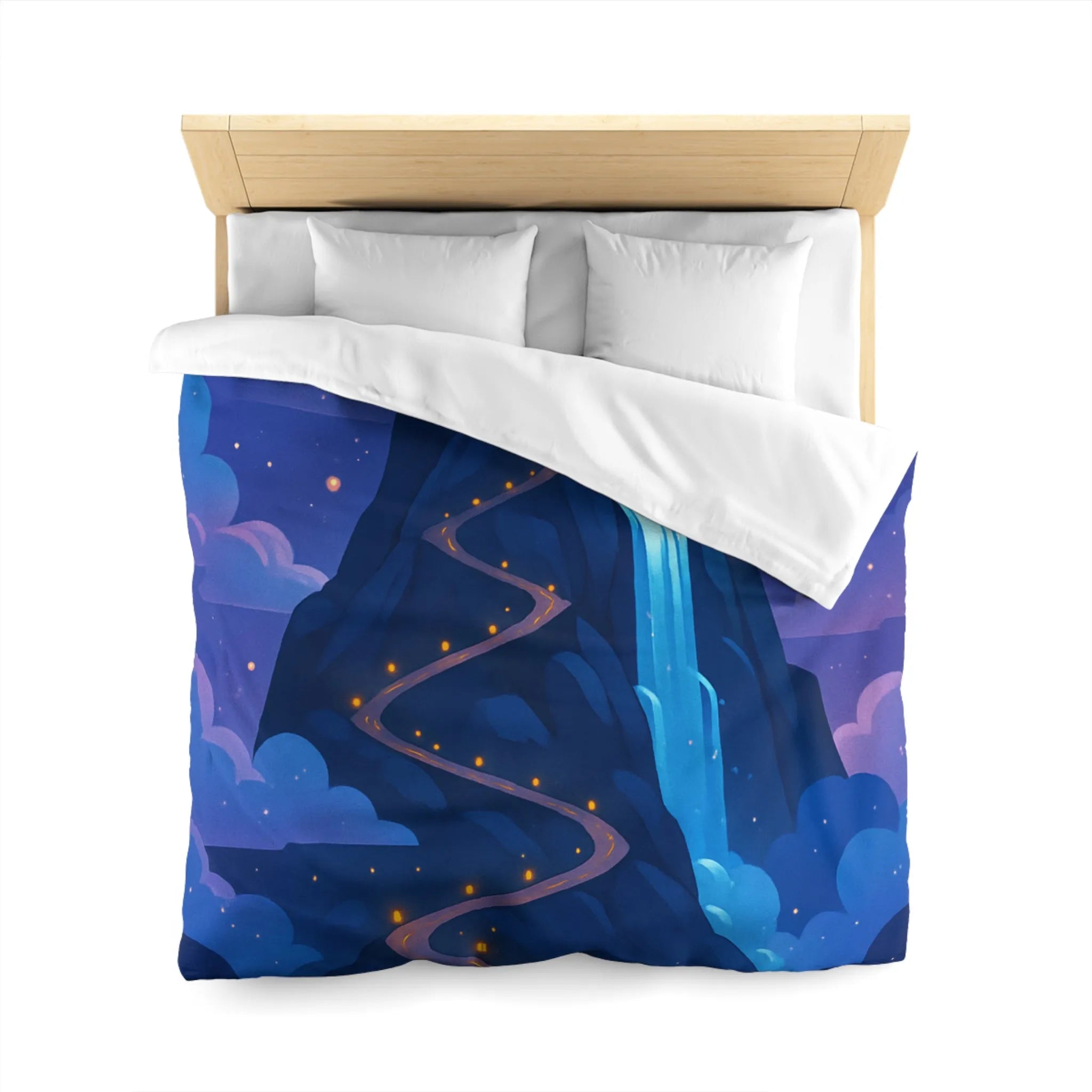 Housse de couette avec château glacé sur montagne illuminée sous ciel étoilé féerique