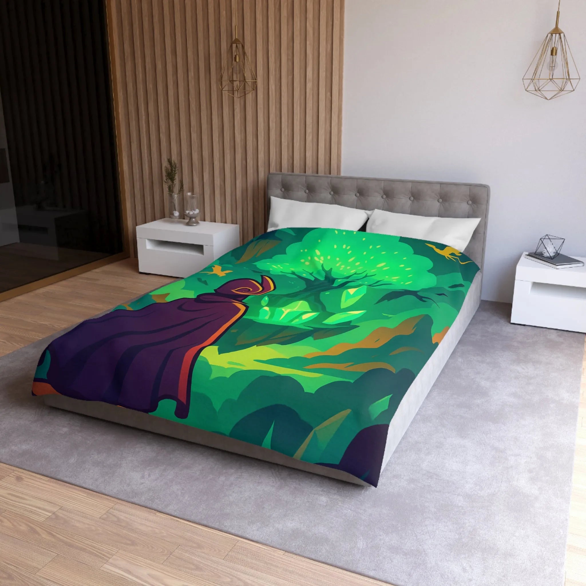 Housse de couette magique avec arbre brillant flottant, créatures volantes et paysages féeriques