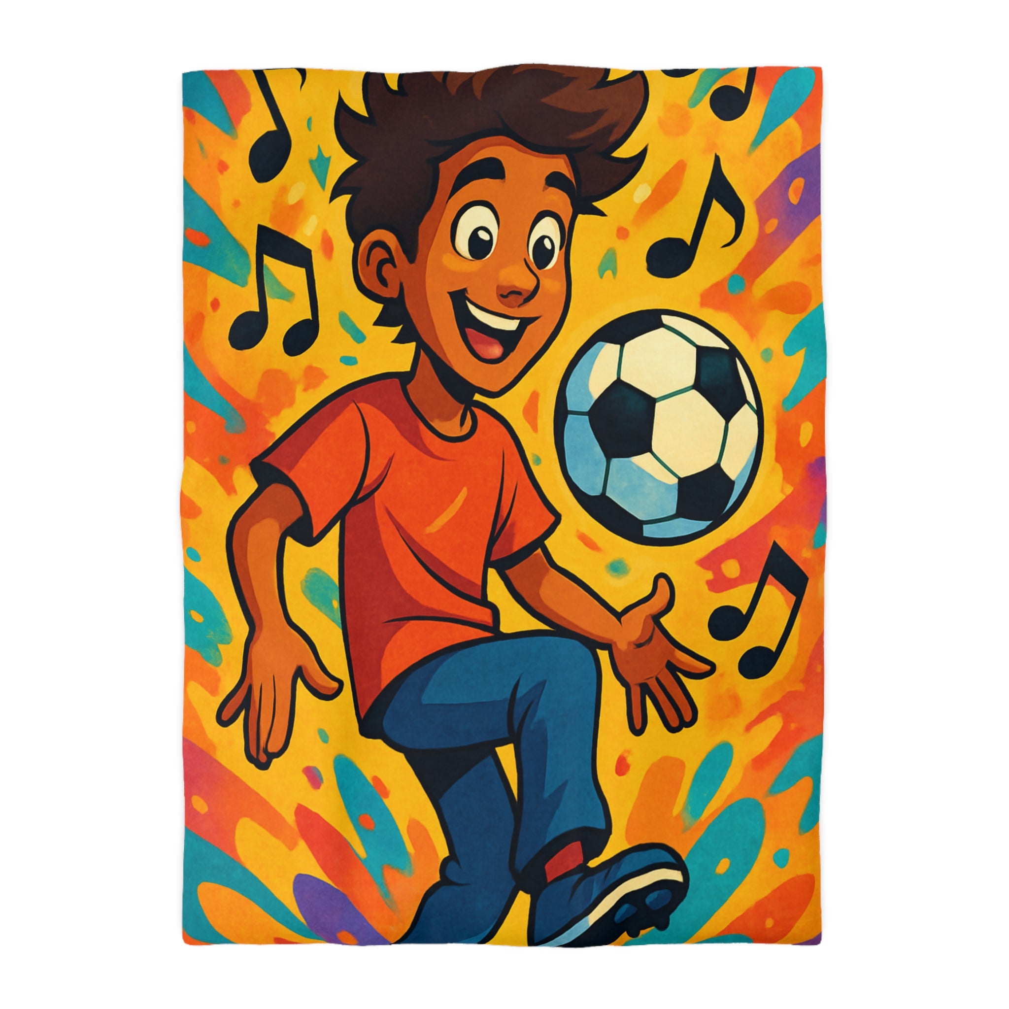 Housse de Couette Sport Jeune Garçon Jouant au Football avec Notes Musicales