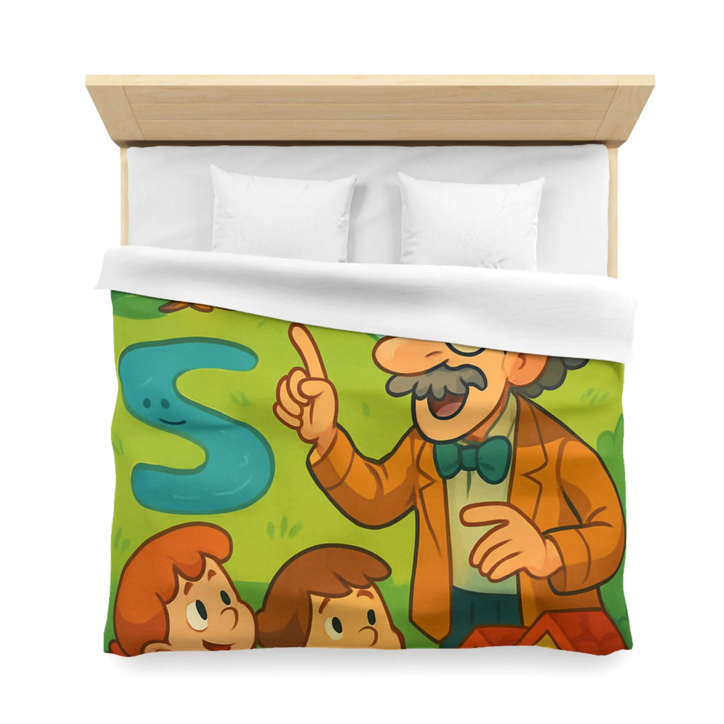 Housse de couette colorée avec un professeur et enfants dans un paysage enchanteur