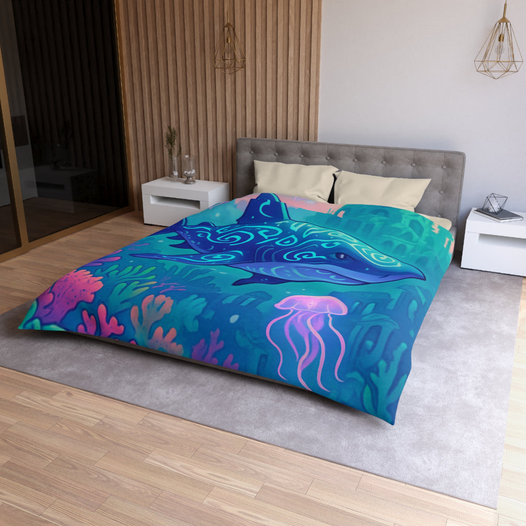 Housse de couette océan fantastique avec requin luminescent et méduses colorées