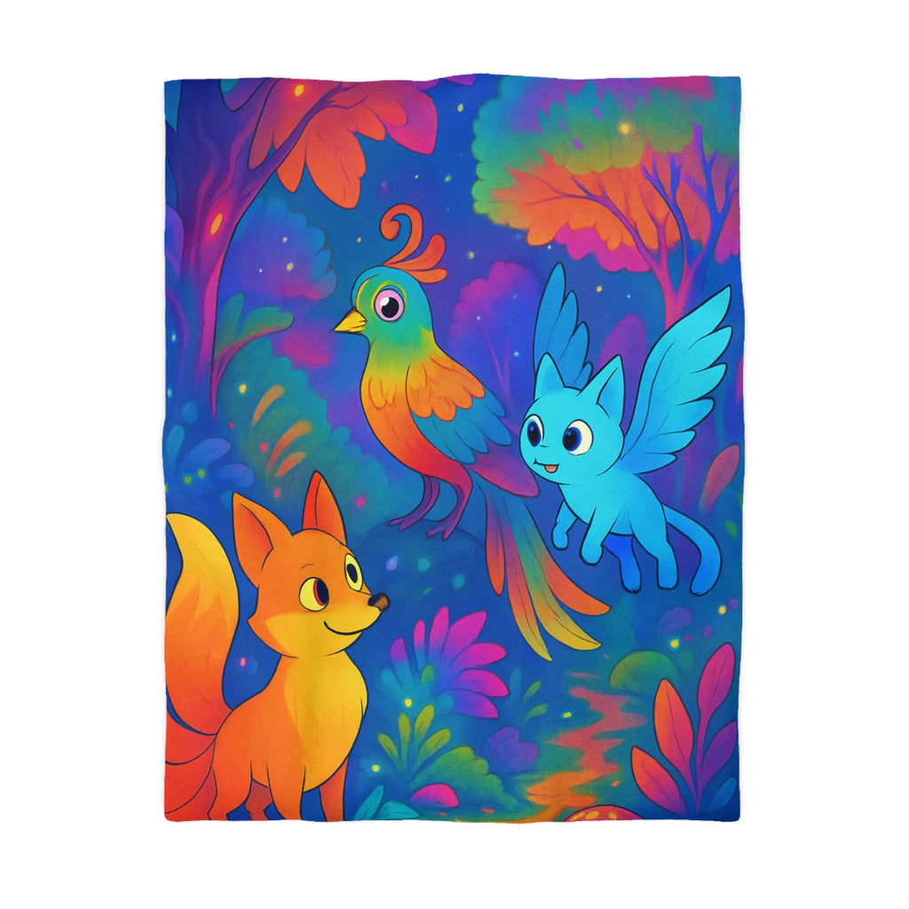 Housse de couette colorée avec animaux fantastiques dans une forêt magique nocturne