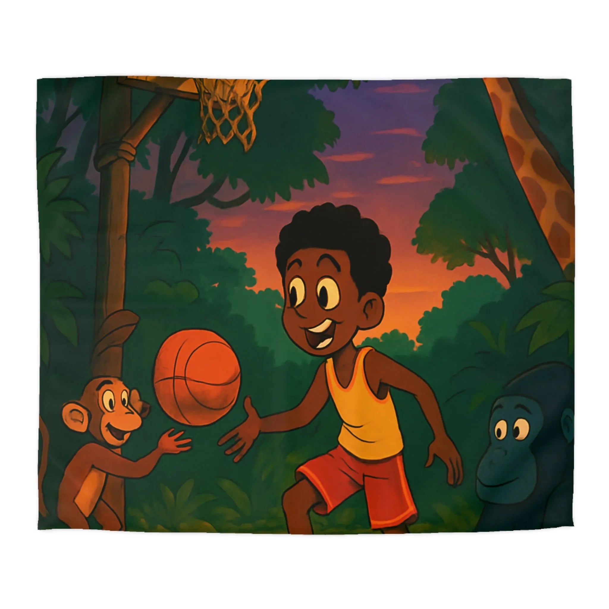 Housse de couette enfant jungle colorée avec garçon jouant au basket et animaux amusants