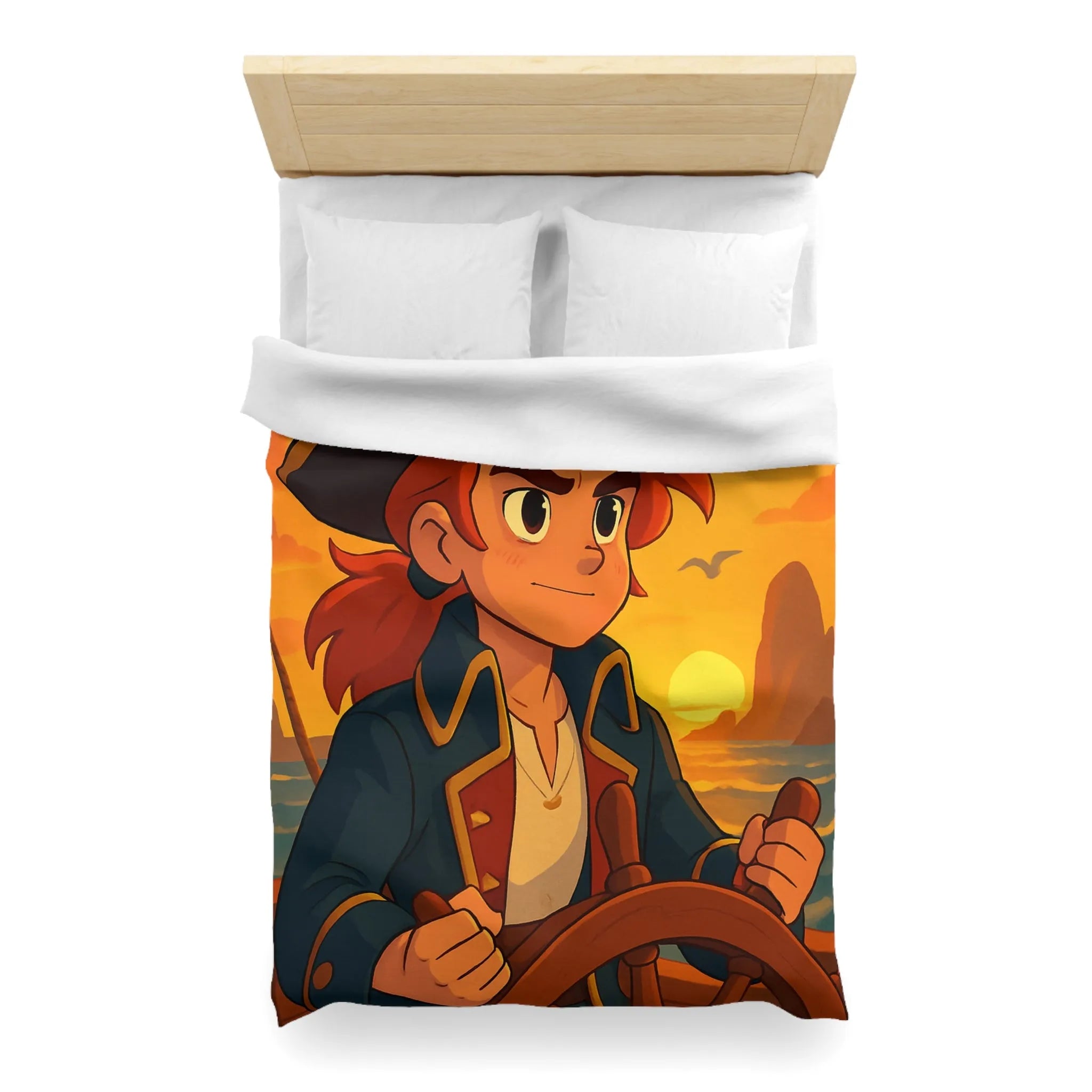 Housse de couette avec illustration pirate dessin animé, navire au coucher du soleil