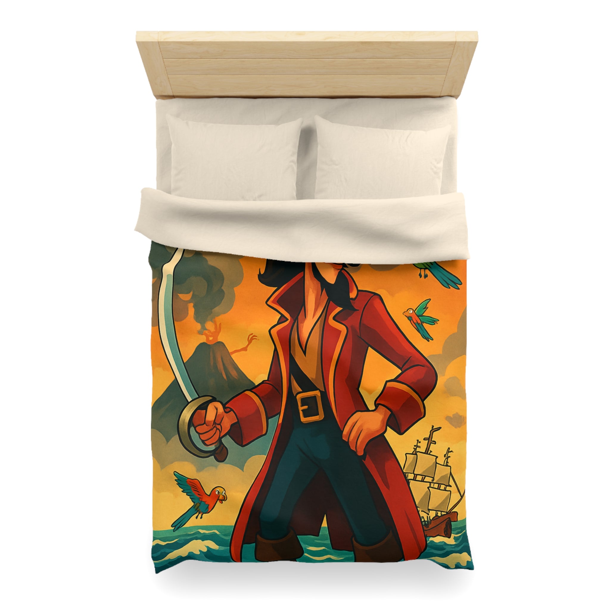 Housse de couette pirate vibrante avec perroquets colorés, volcan actif et bateau en mer