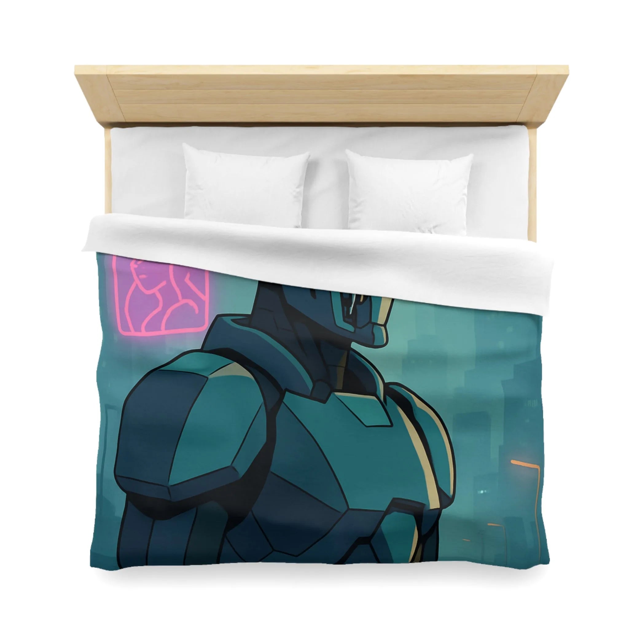 Futuristic Dystopian Cityscape with Neon Lights and Robotic Figure for Bedding Decor