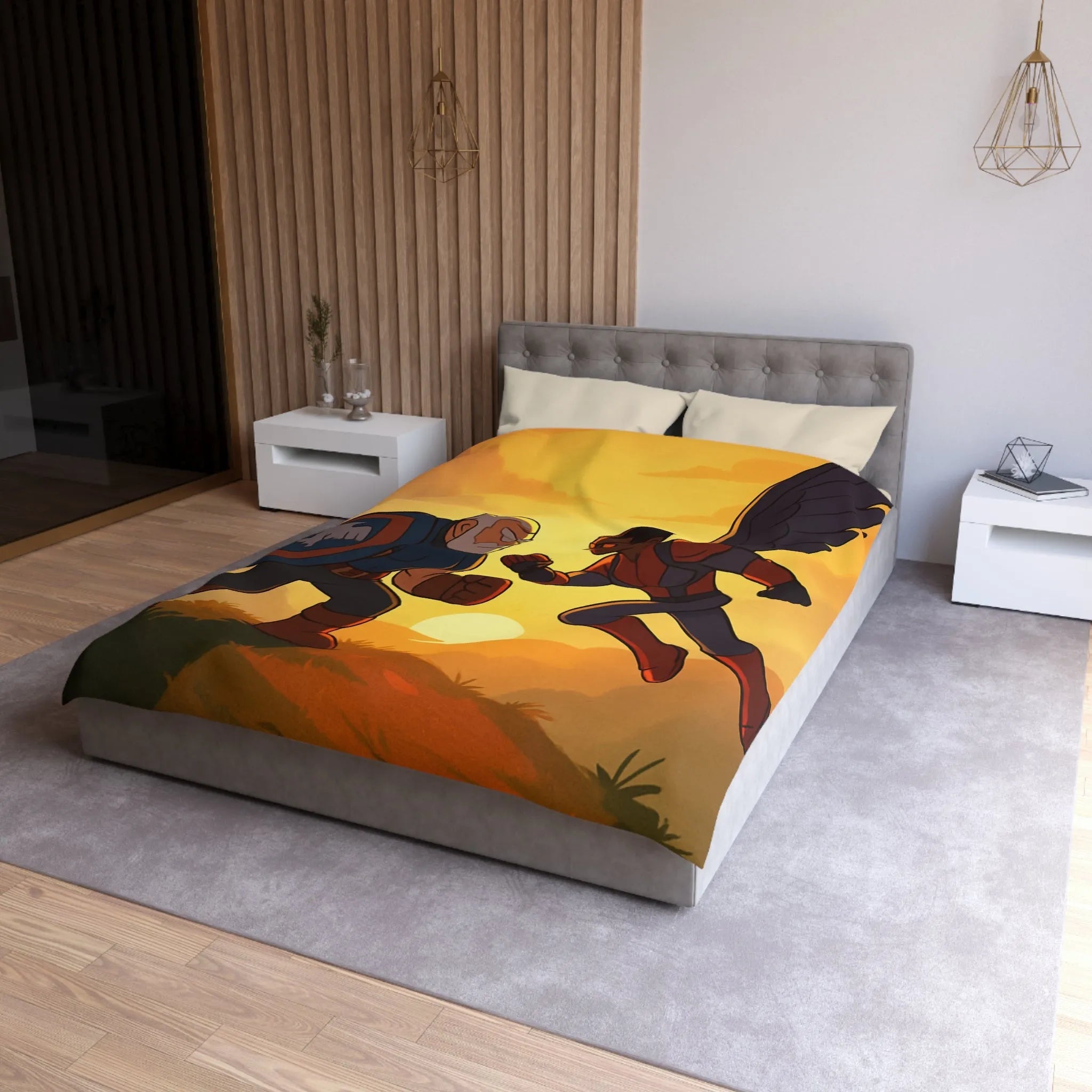 Housse de couette épique avec scène de combat héroïque au coucher du soleil