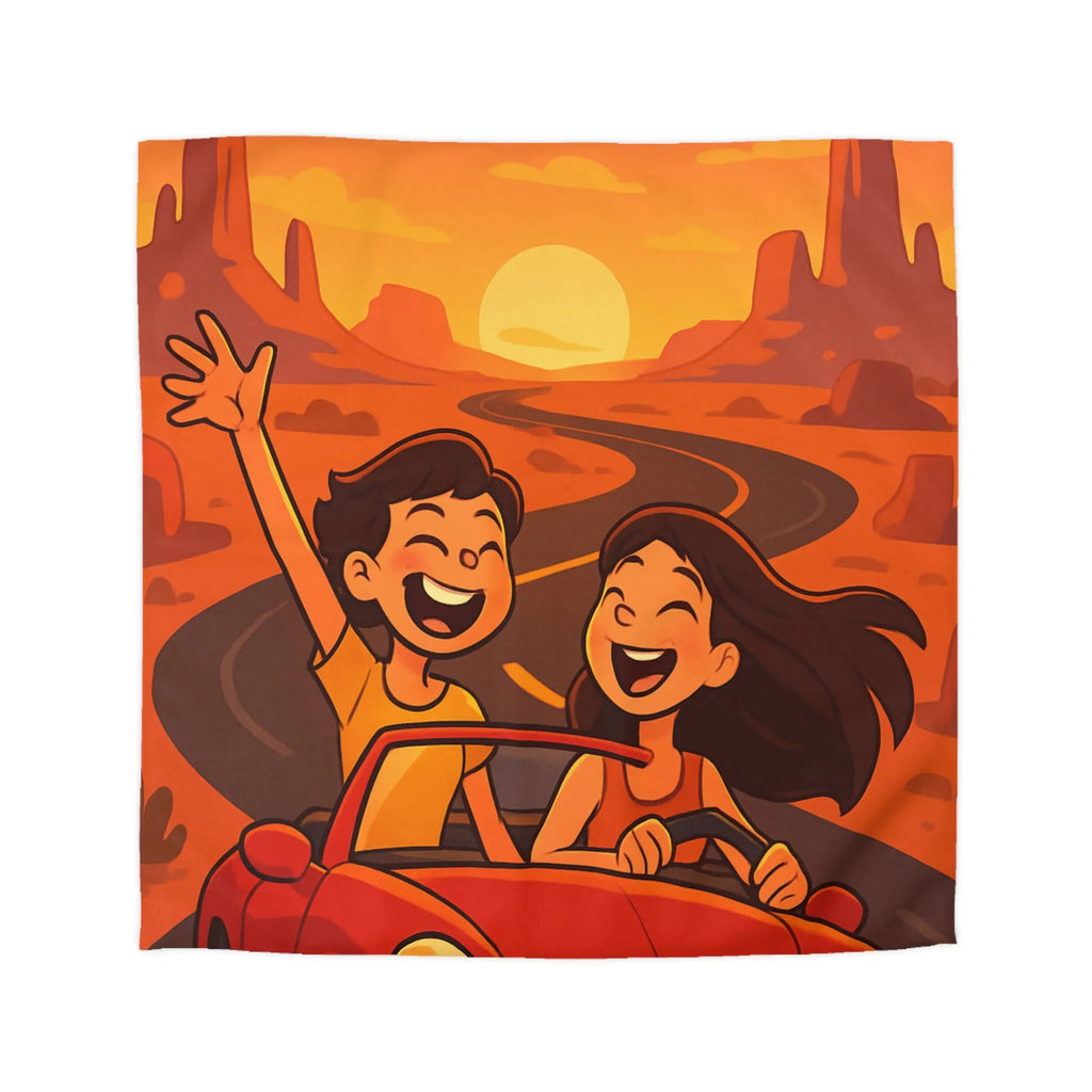 Aventure en voiture rouge dans un désert ensoleillé avec couple et aigle volant