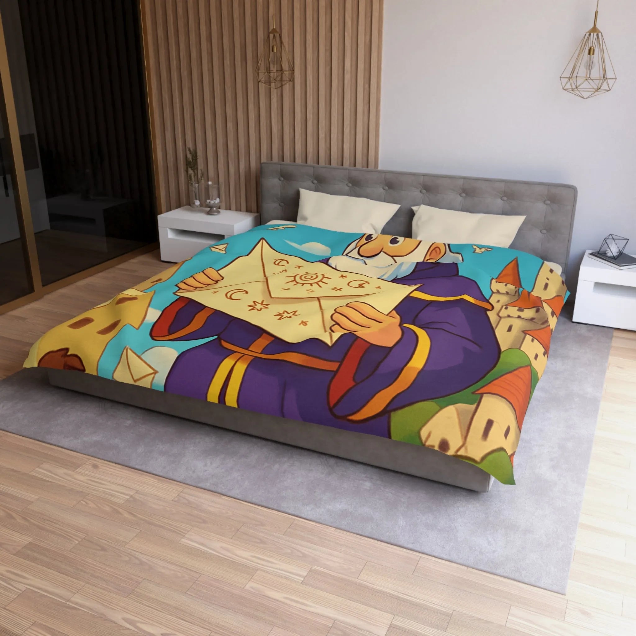 Housse de couette joyeuse avec roi médiéval et château féerique pour enfants