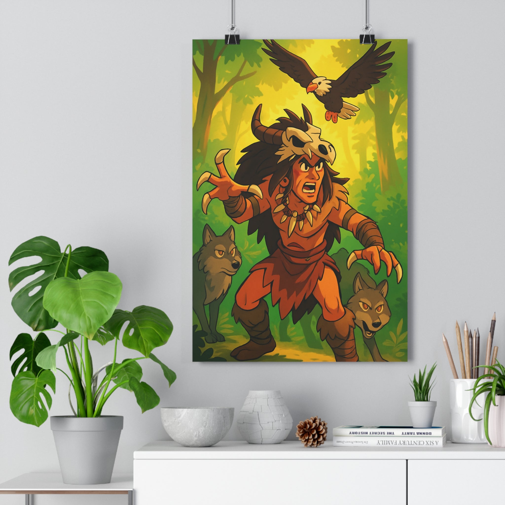 Poster décoratif guerrier forêt crâne loup aigle cartoon fantasy mystique épique vert jaune chambre