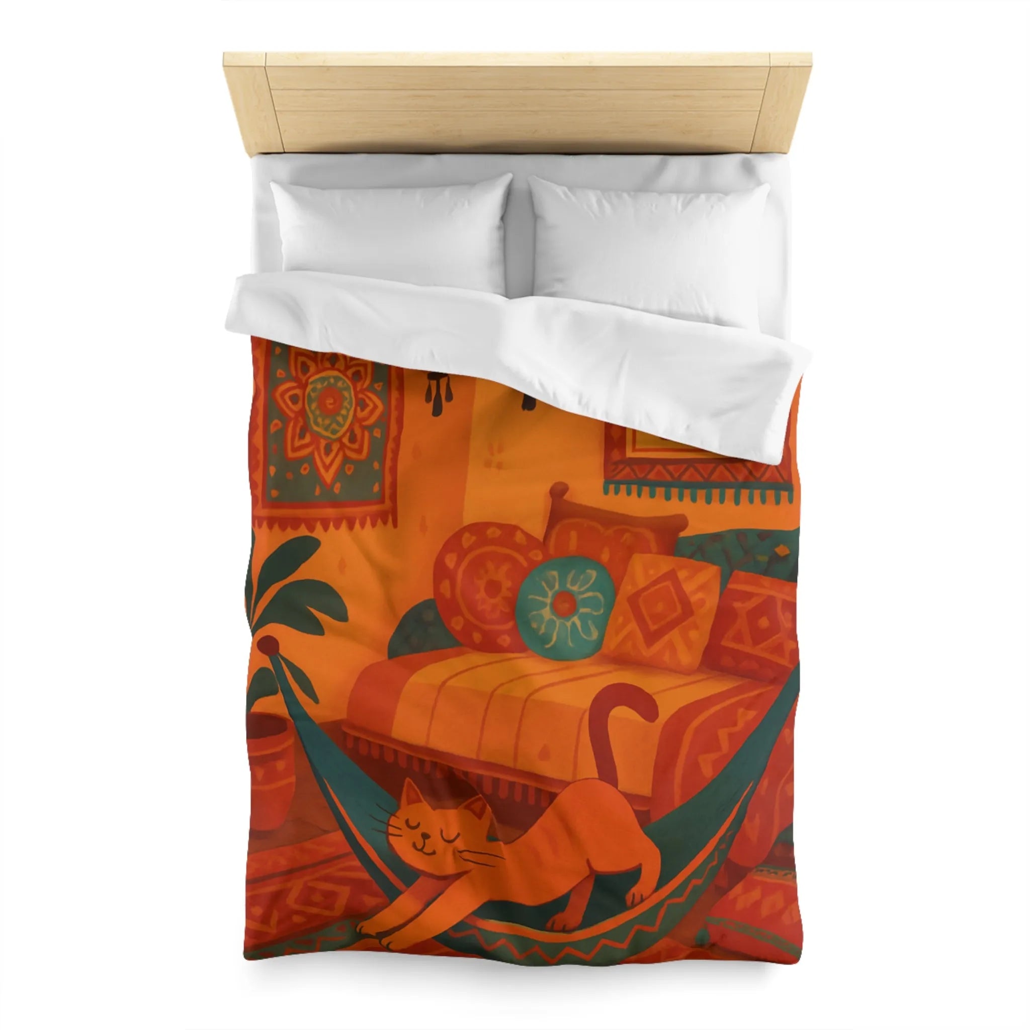 Housse de couette bohème avec motifs mandala et chat dans des tons chauds