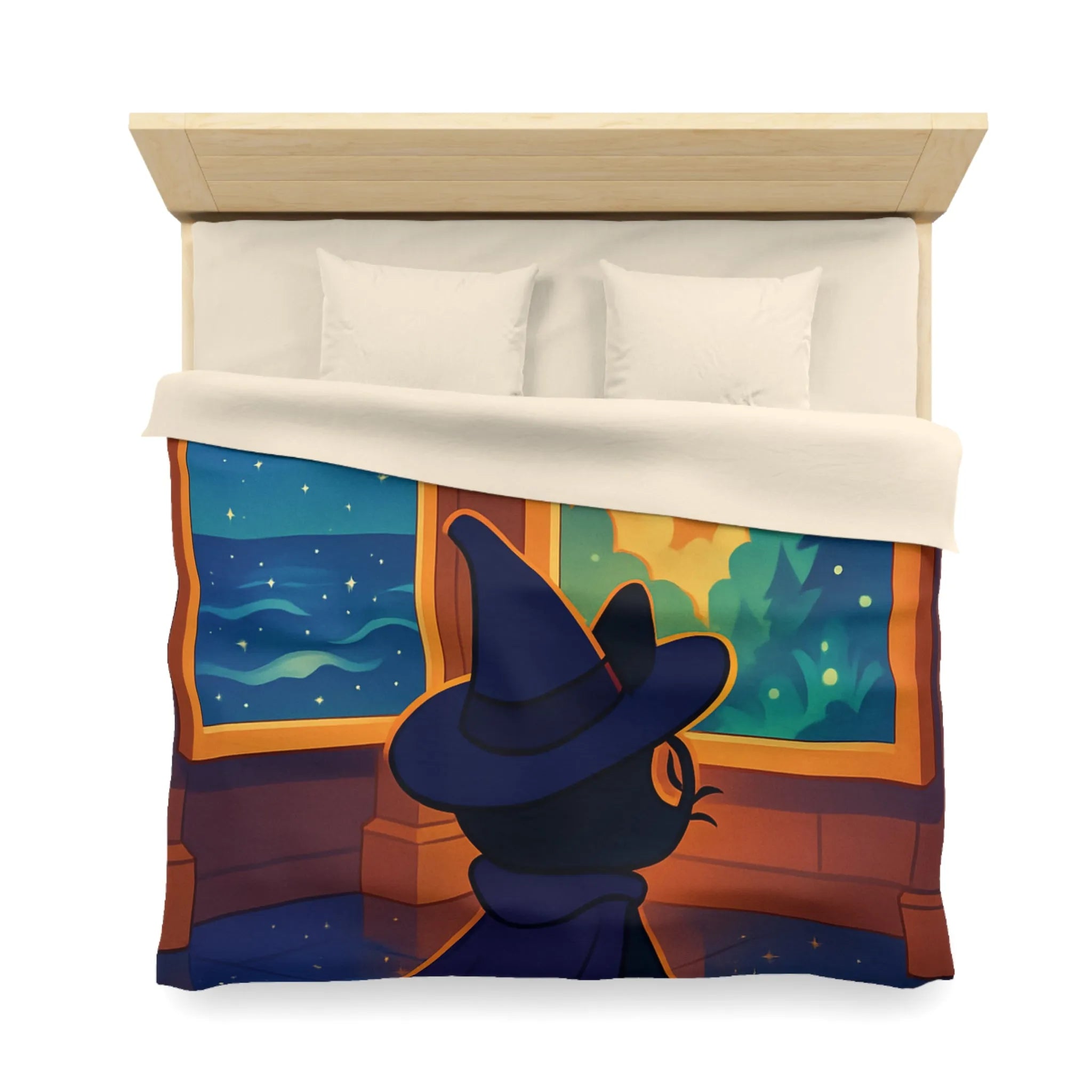 Housse de couette ambiance nocturne avec chat sorcier et paysages enchanteurs colorés