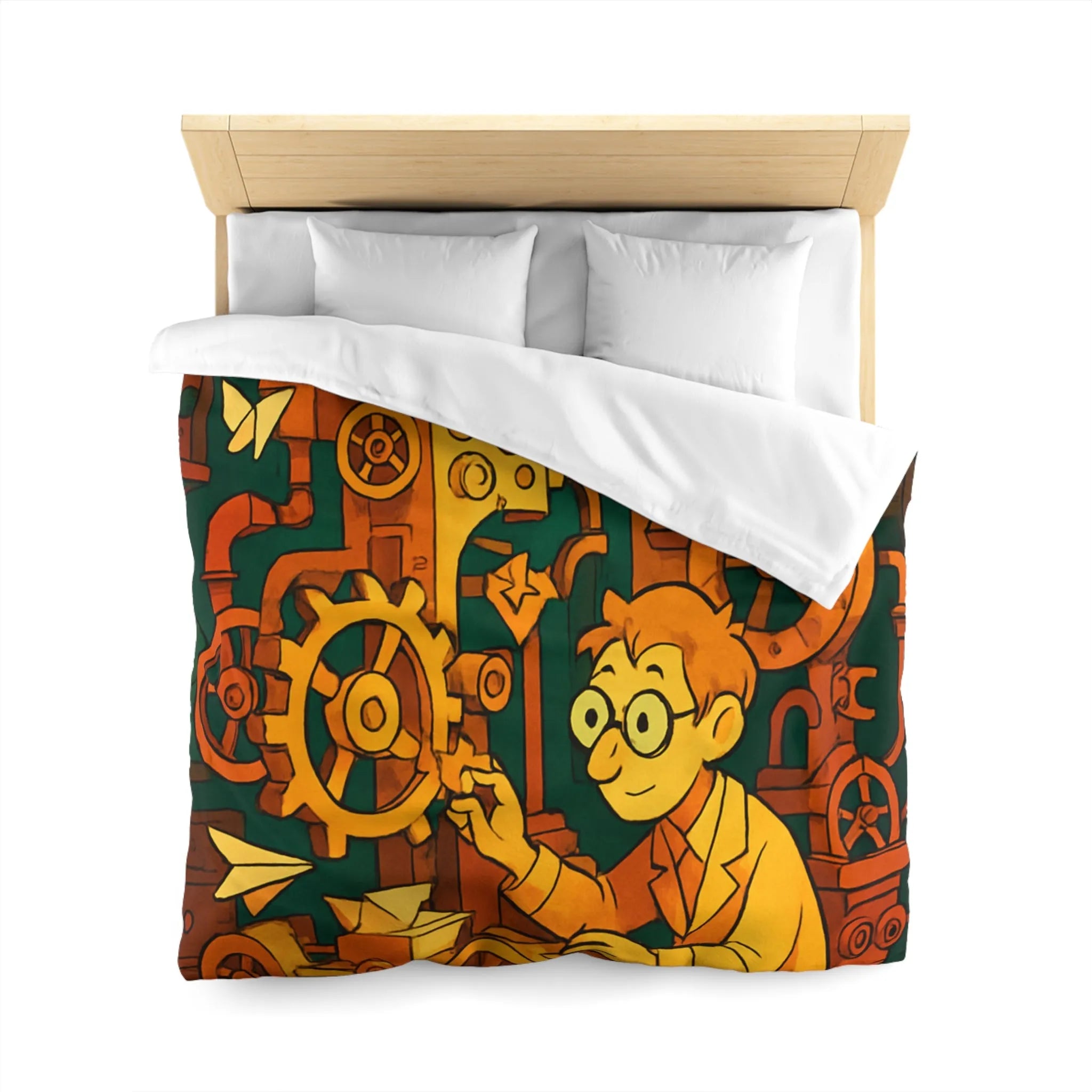 Housse de couette machine steampunk colorée avec papillons et ingénieur rêveur illustration automne