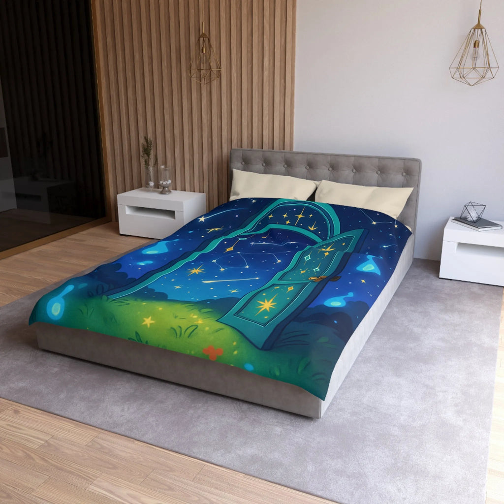 Housse de couette magique avec porte ouverte sur ciel étoilé bleu et constellations