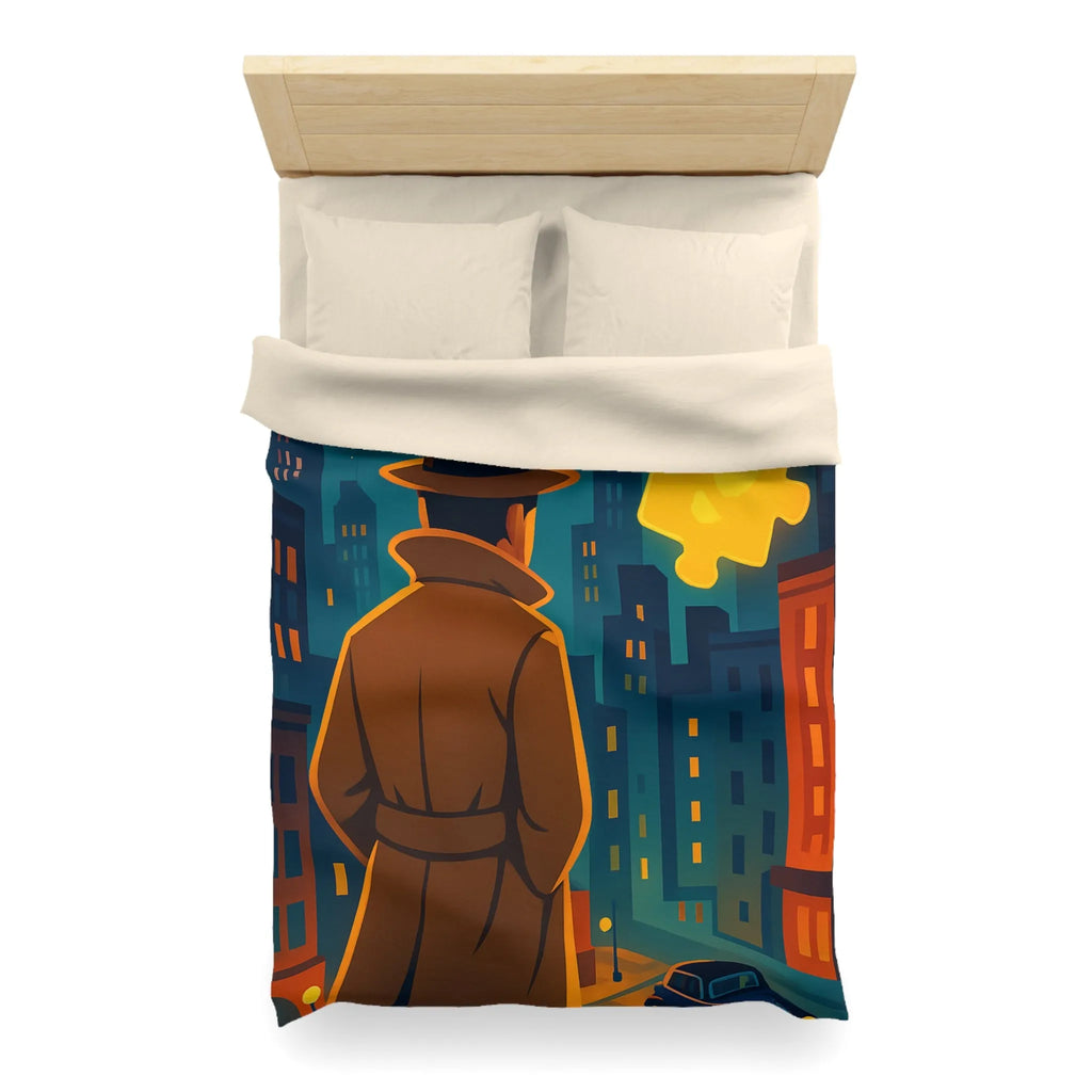 Enquête urbaine rétro avec puzzle lumineux sur housse de couette style détective nocturne