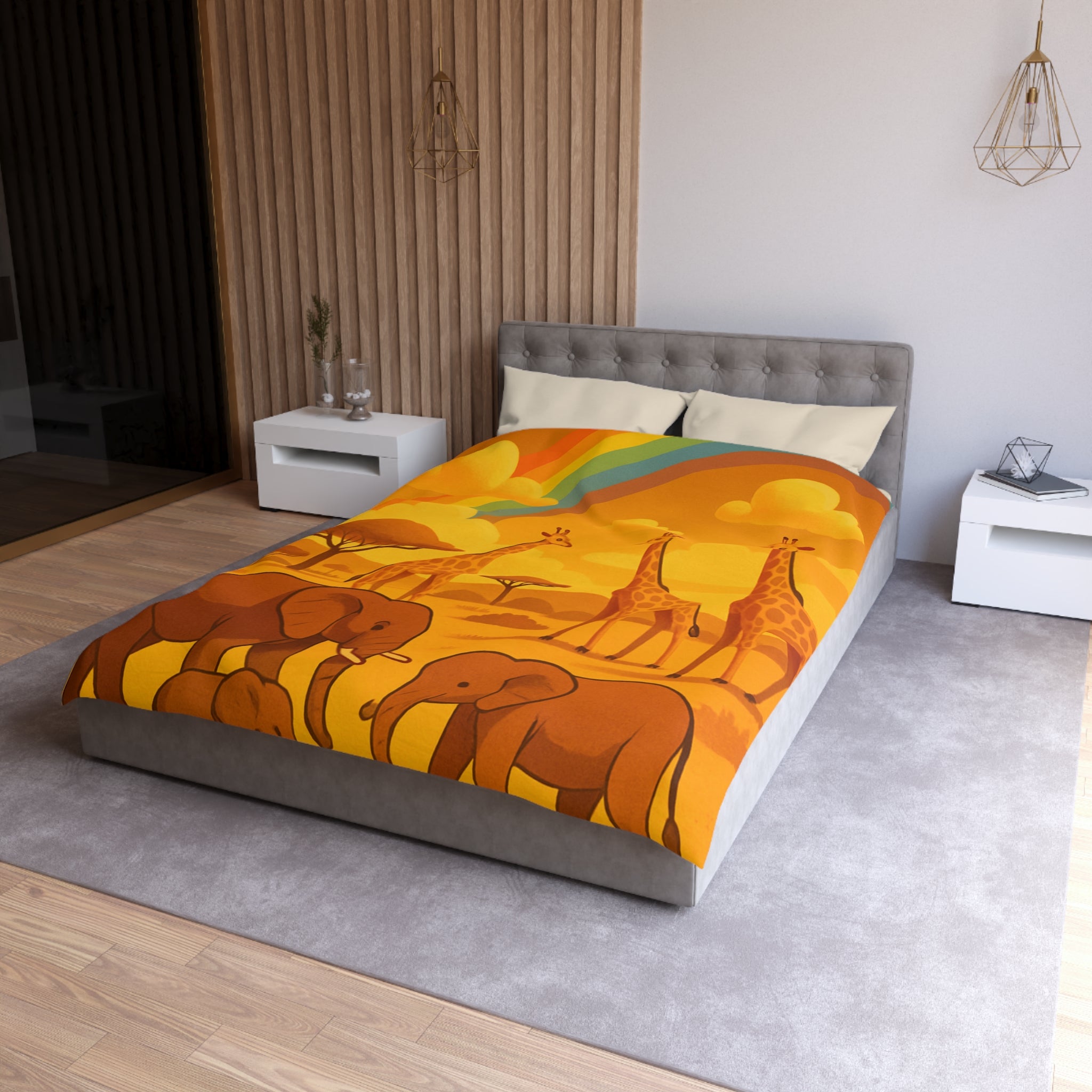 Housse de couette safari enfant avec éléphants, girafes et arc-en-ciel vibrant