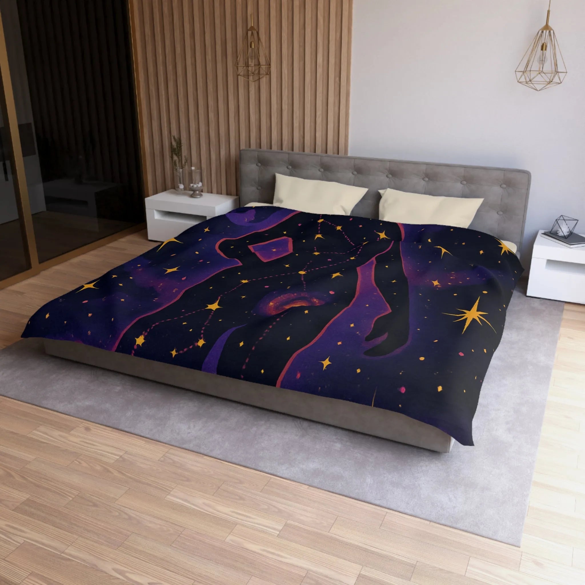 Housse de couette artistique silhouette femme constellation étoiles nébuleuses ambiance cosmique
