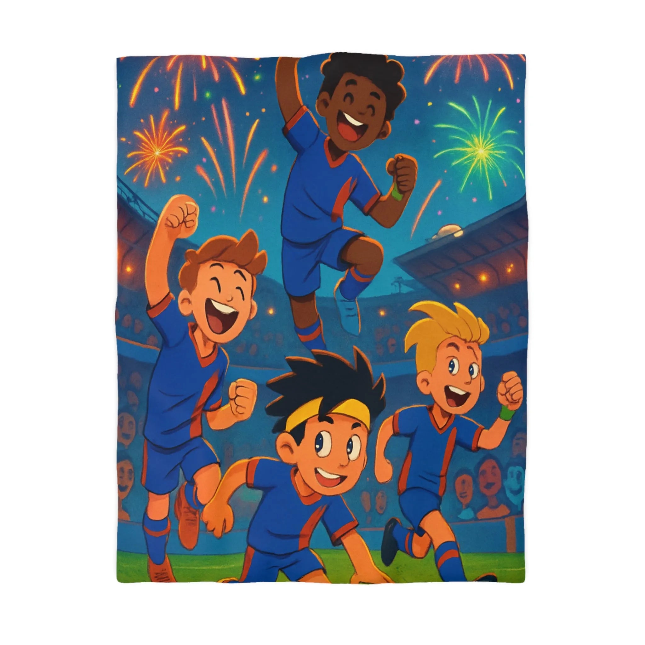 Enfants Jouant au Football avec Feux d'Artifice au Stade, Ambiance Joyeuse et Colorée