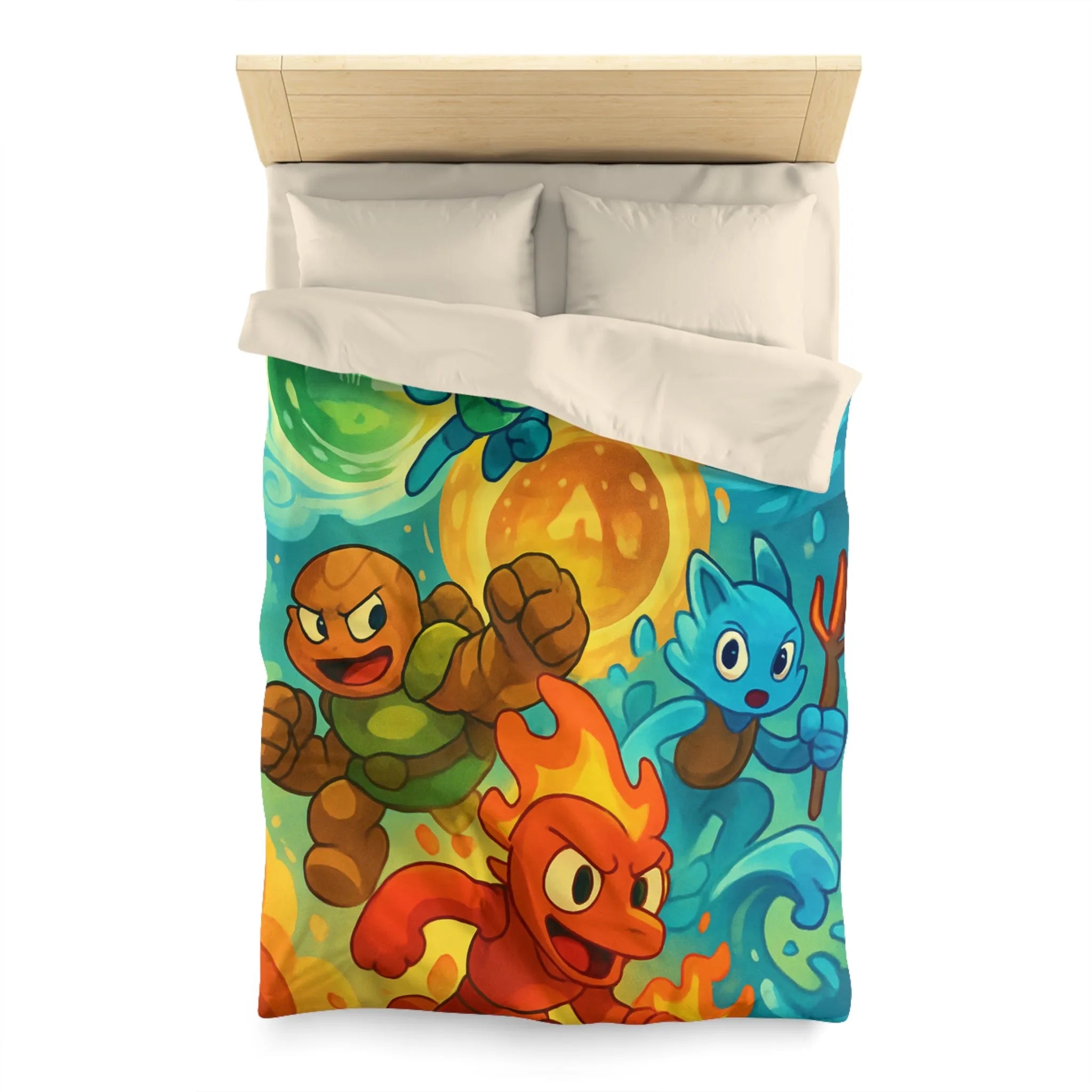 Housse de couette colorée avec motif de personnages d'éléments dans style aventure fantastique