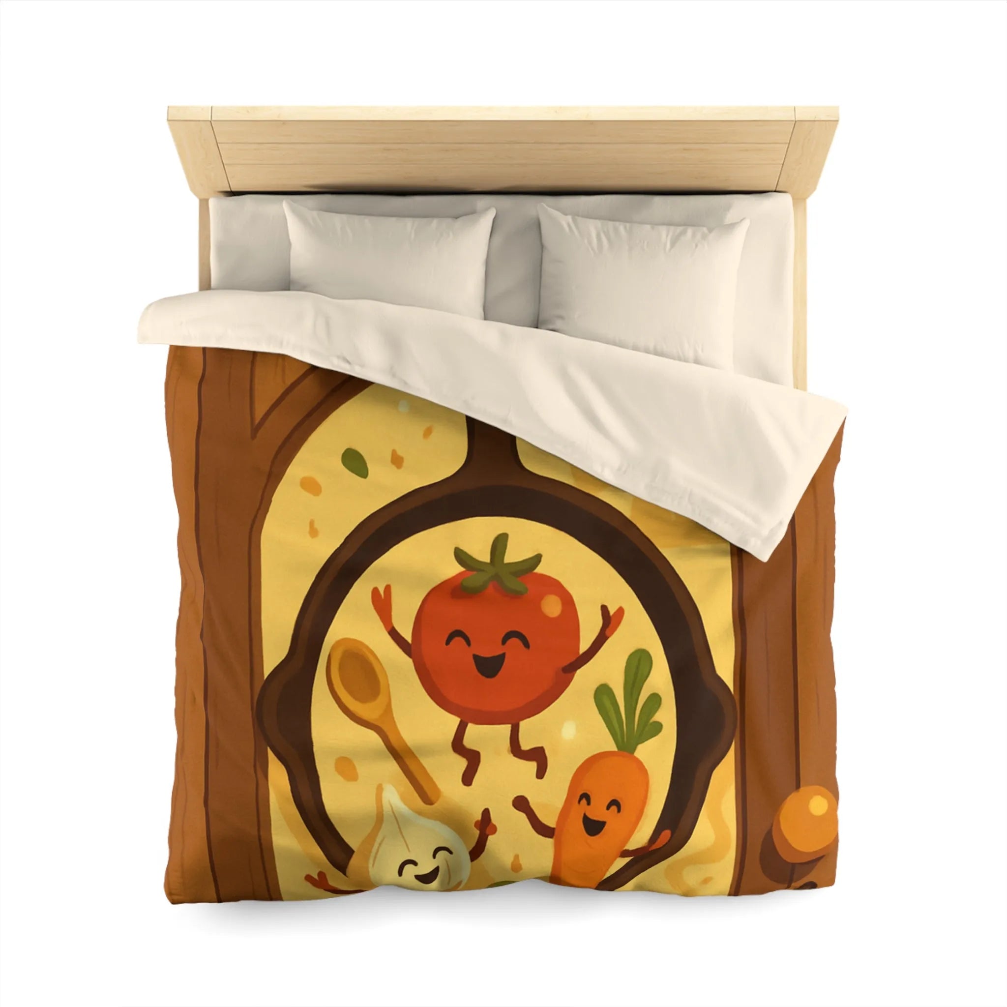 Housse de couette joyeuse avec légumes dans une poêle ambiance cuisine chaleureuse