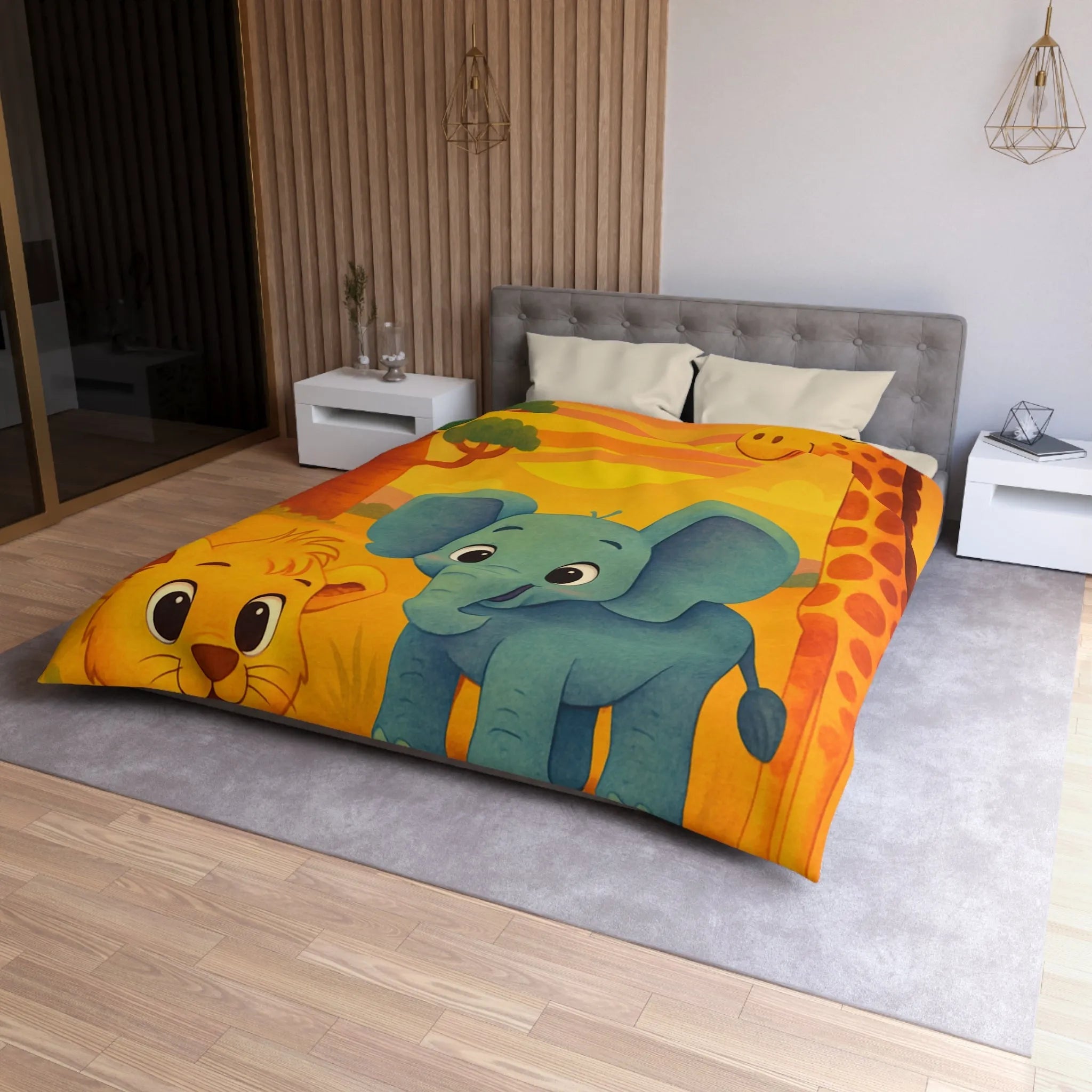 Housse de couette enfants safari animaliers avec lion, éléphant et girafe rigolos
