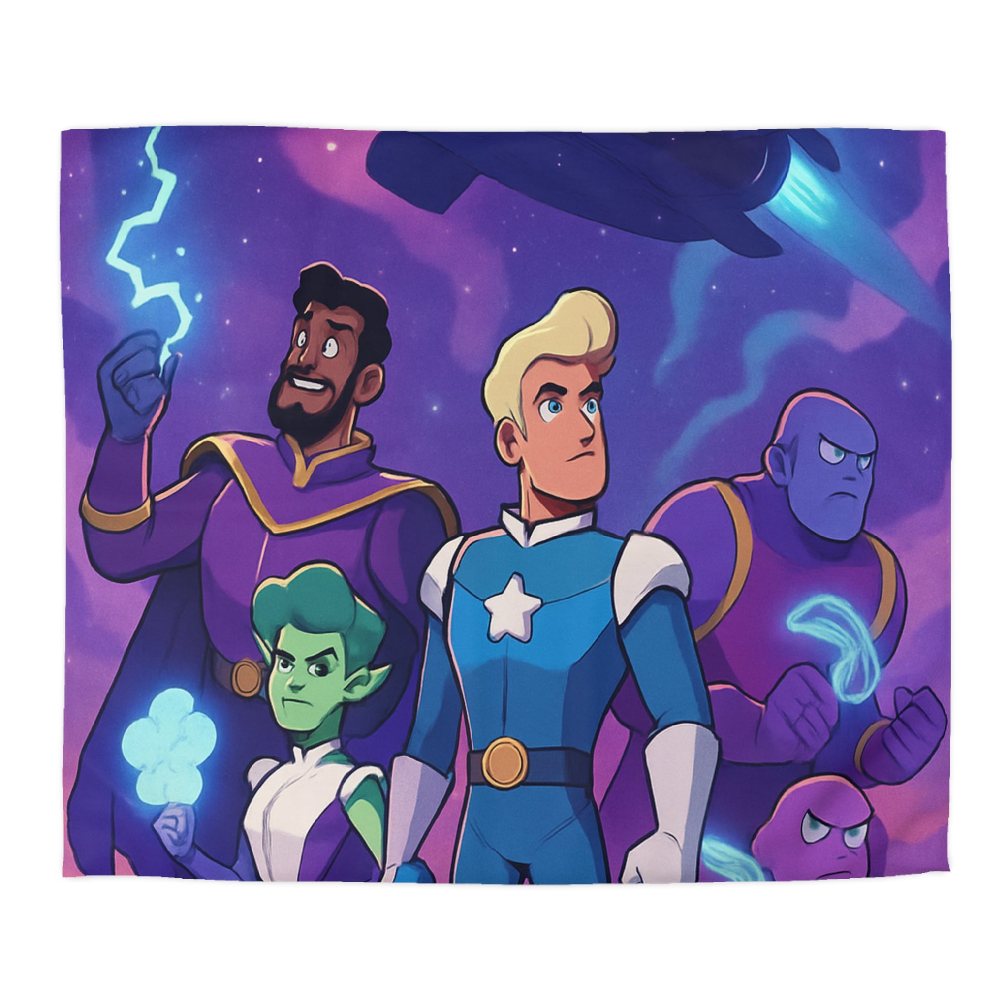 Housse de couette spatiale avec héroïques personnages animés sous vaisseau intergalactique étoilé