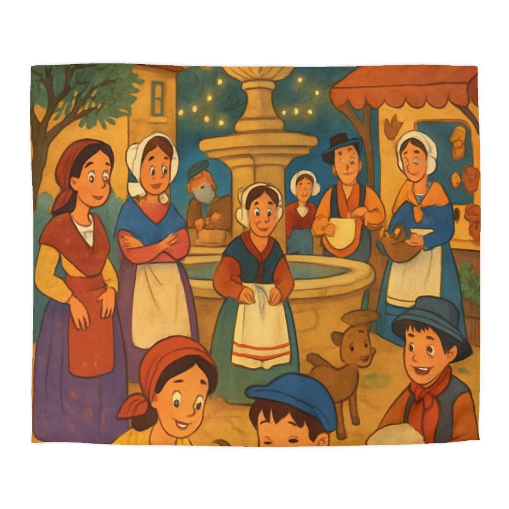 Housse de couette pour enfants avec scène villageoise festive et animaux mignons joyeux