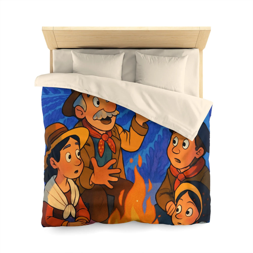 Housse de couette colorée avec scène animée racontant une histoire sous les étoiles