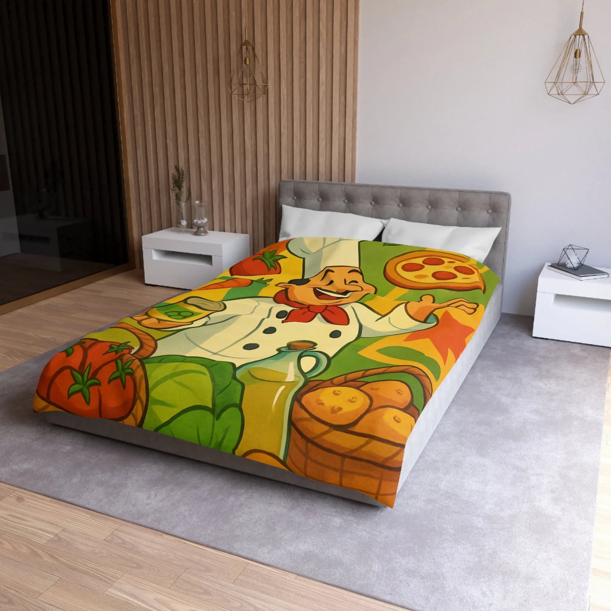 Housse de Couette Illustrée de Chef Heureux avec légumes et Pizza Méditerranéenne Colorée