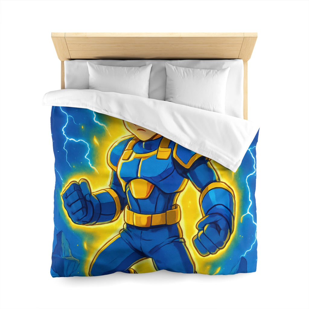 Housse de couette vibrante avec héros en armure bleue et rayons lumineux intenses