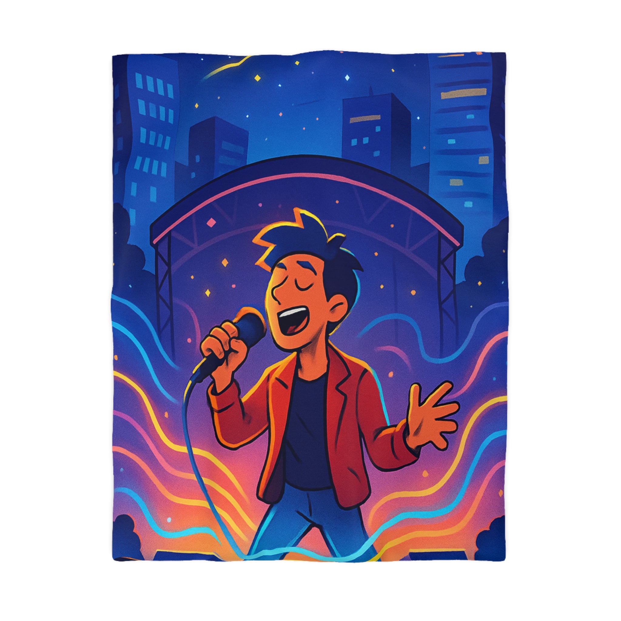 Housse de couette scène vibrante de concert nocturne avec chanteur et couleurs éclatantes