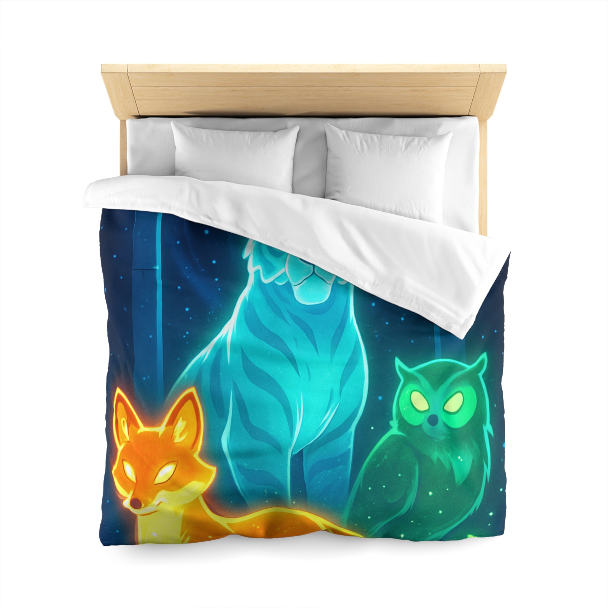 Mystérieuse housse de couette avec renard orange, tigre bleu, et hibou lumineux