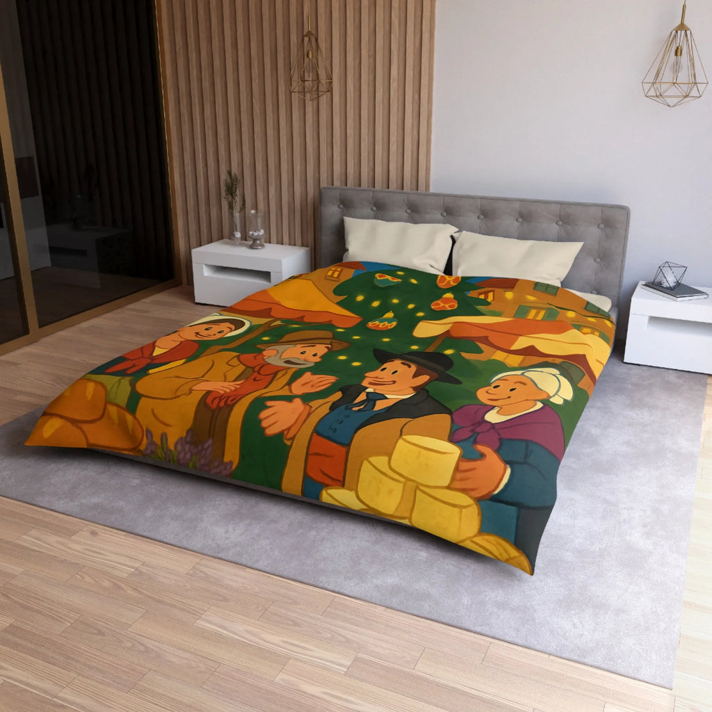 Housse de couette festive avec marché de Noël et sapin illuminé au village