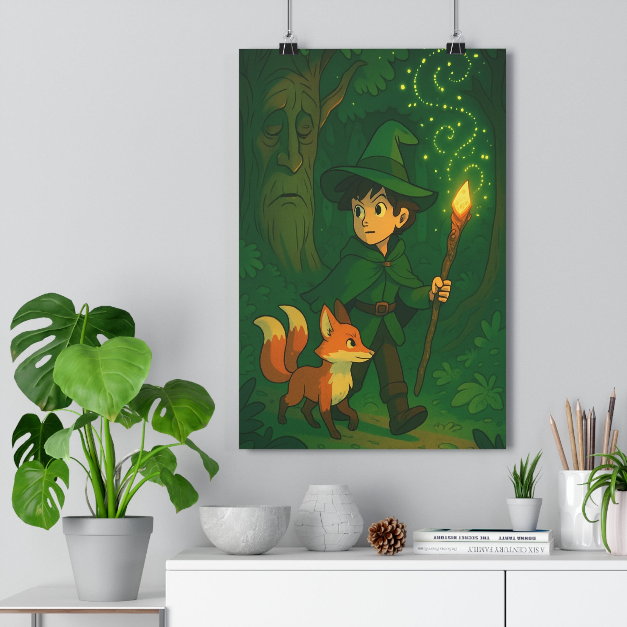 Poster décoratif mystique cartoon vert doré forêt aventurier enfant magie renard chambre ambiance enchantée