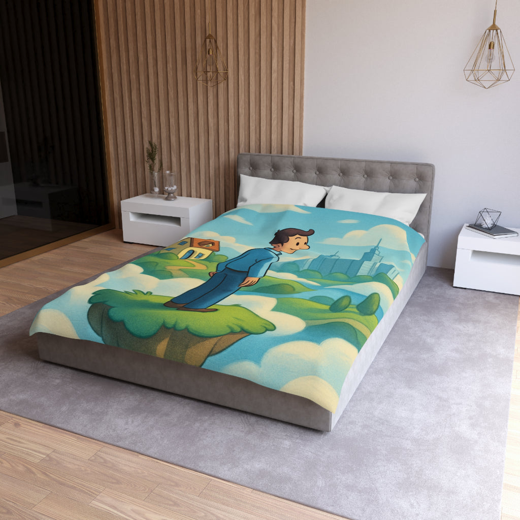 Illustration de rêve serein de paysage flottant avec personnage et ville éloignée