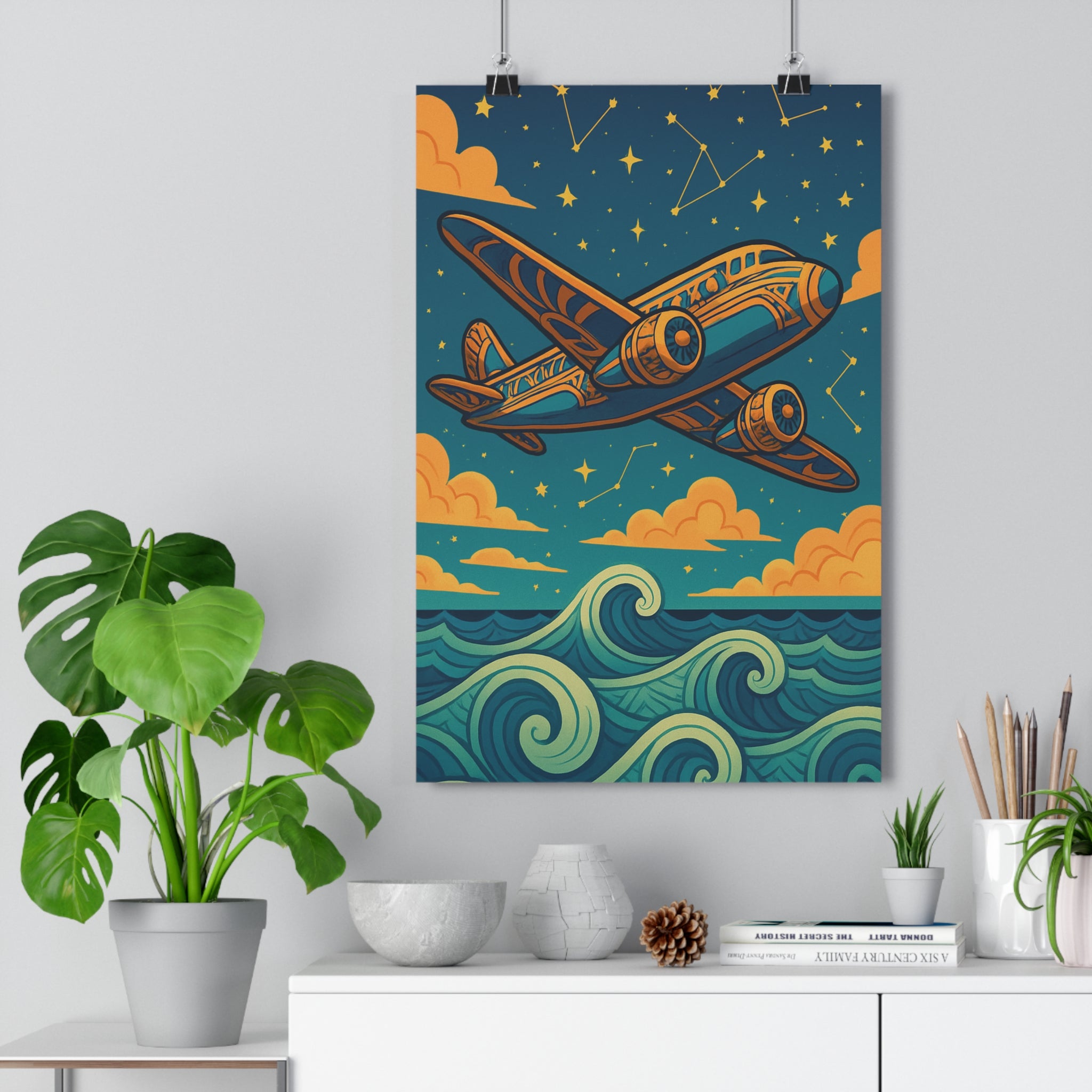 Poster décoratif art déco bleu orange avion nuages salon rêveur design méditerranéen moderne tendance