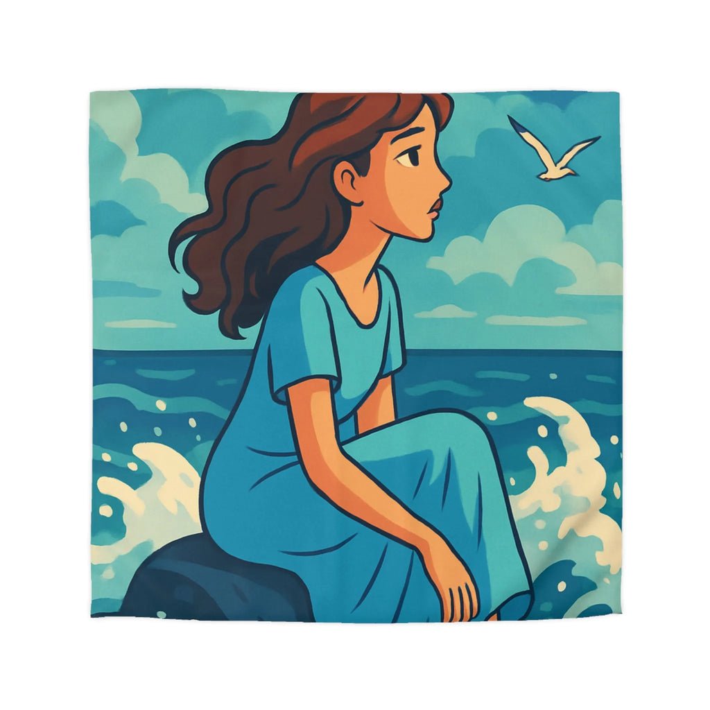 Housse de Couette Art Nouveau Femme Mermaid Assise sur Rochers avec Mouettes