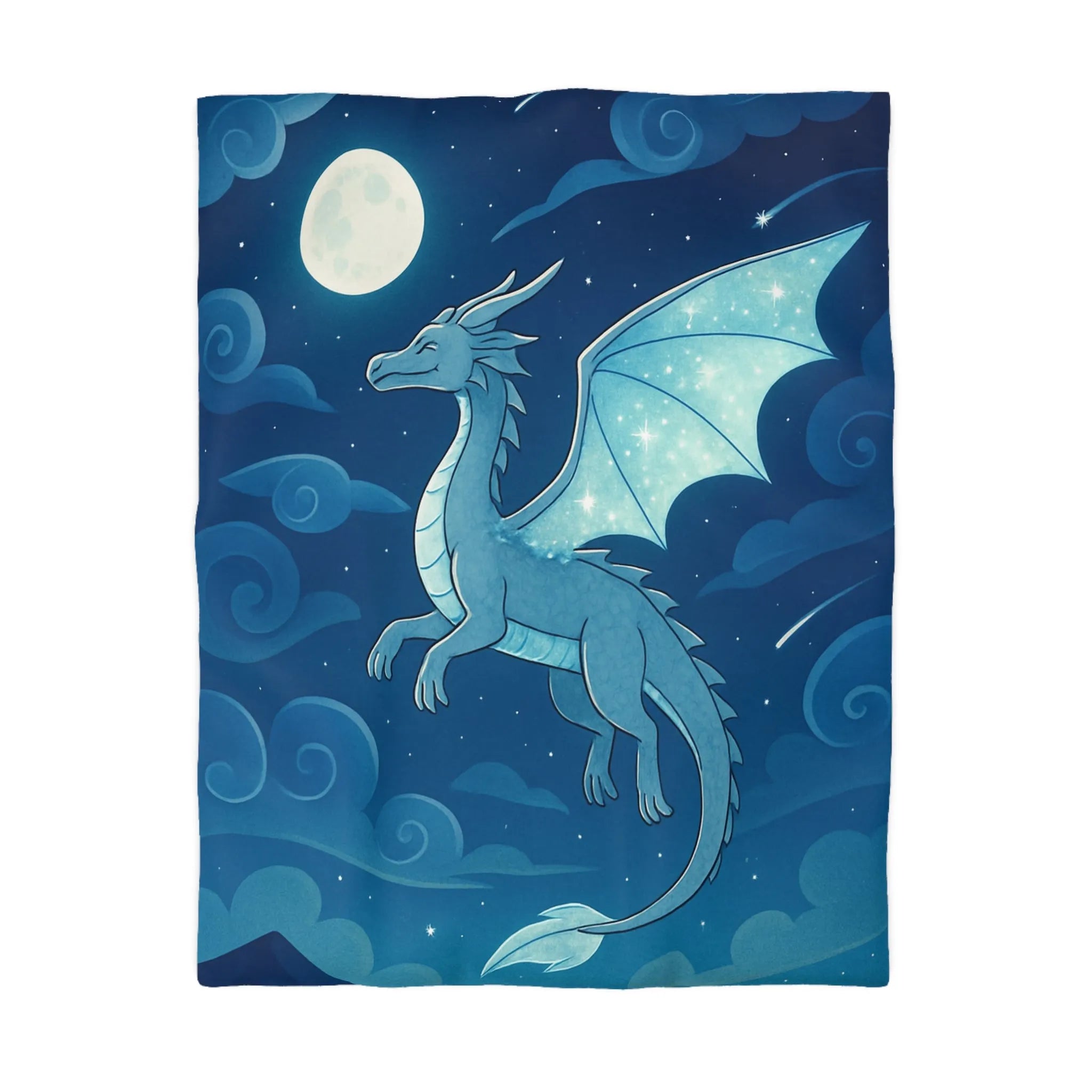 Housse de couette avec dragon bleu étincelant volant sous lune et étoiles scintillantes