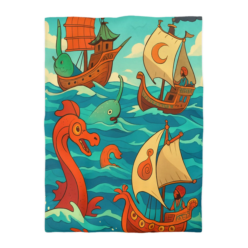 Housse de Couette Colorée avec Bateaux et Créatures Maritimes dans Stil Nautique Fantasy