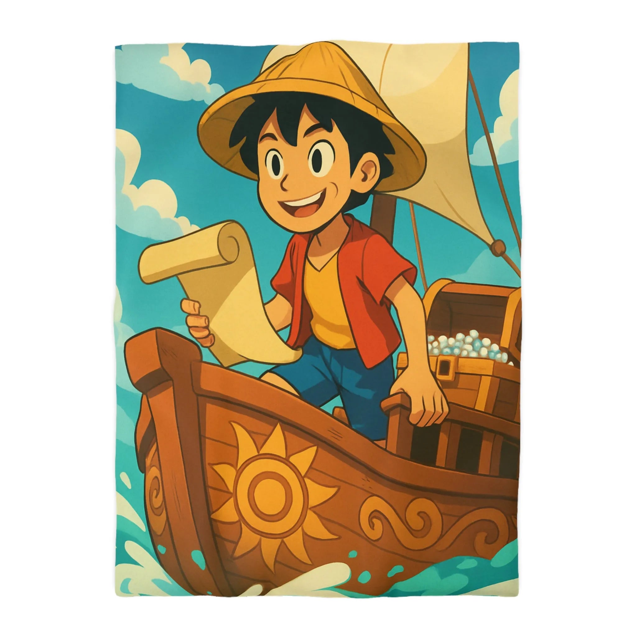 Douce housse de couette enfant motif pirate joyeux en bateau sur vagues bleues