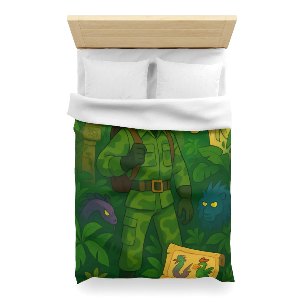 Housse de couette avec explorateur aventurier parmi créatures fantastiques et forêt luxuriante