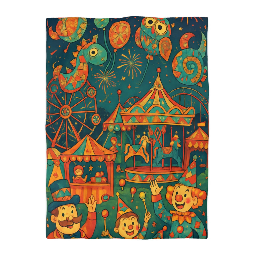 Housse de Couette Enfantine Colorée Fête Foraine avec Manège et Clowns Heureux