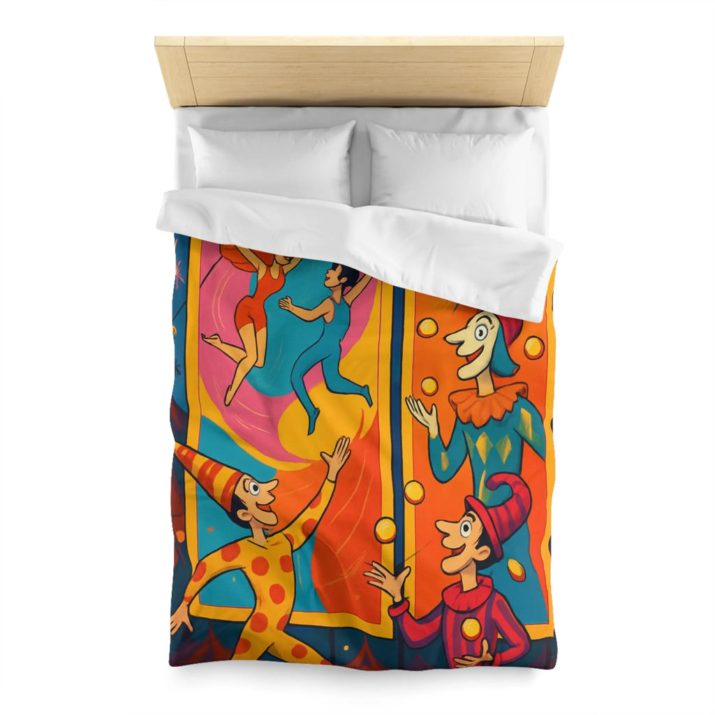 Housse de couette colorée avec jongleurs et acrobates, ambiance festive et joyeuse