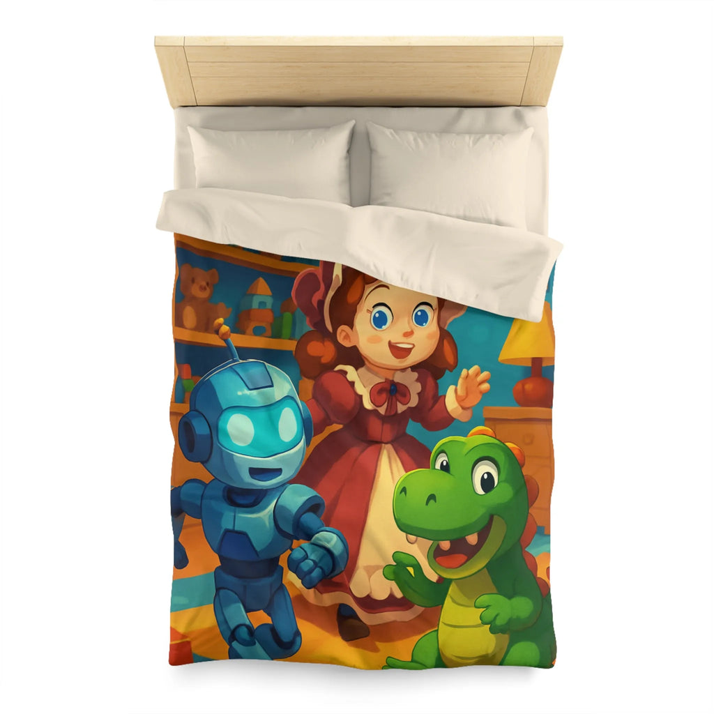 Housse de couette colorée avec robot, dinosaure et poupée en chambre enfantine