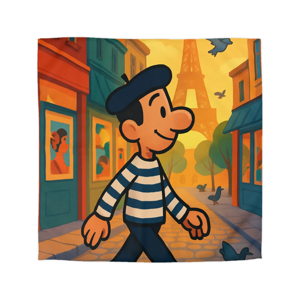 Housse de couette illustrée ville Paris homme marchant pigeons coucher de soleil ambiance artistique