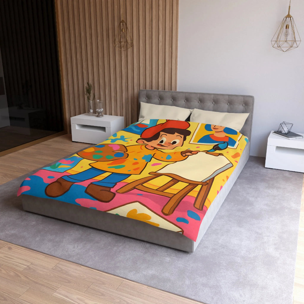 Housse de Couette Colorée avec Motif Artiste Enfant Peignant dans un Atelier Joyeux